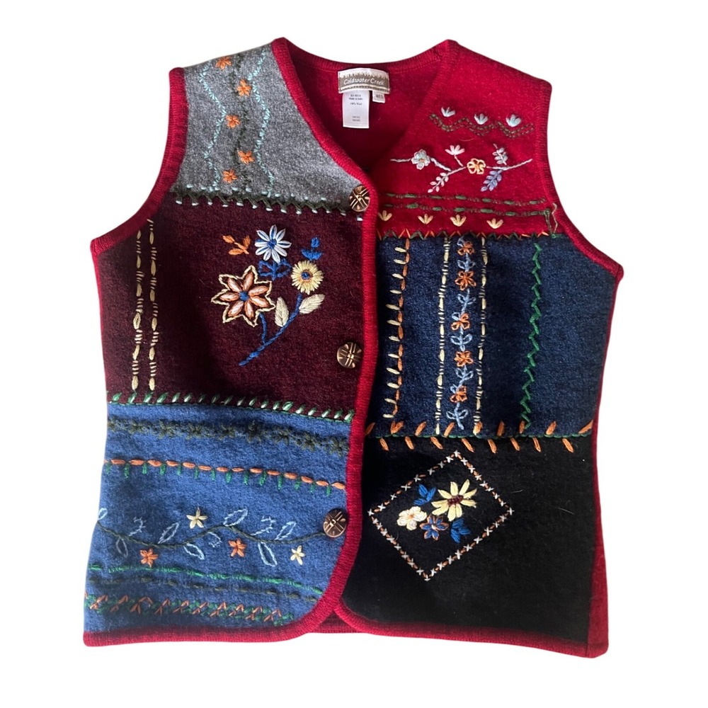 Vintage 90s Women's Patchwork Embroidered Boiled Wool Vest Novelty- Size Medium